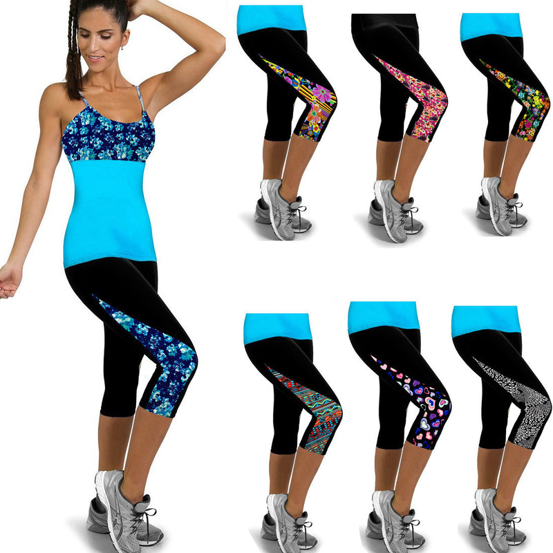 Flower Print Side Triangle Fashion 3/4 Pants Yoga Sport Leggings