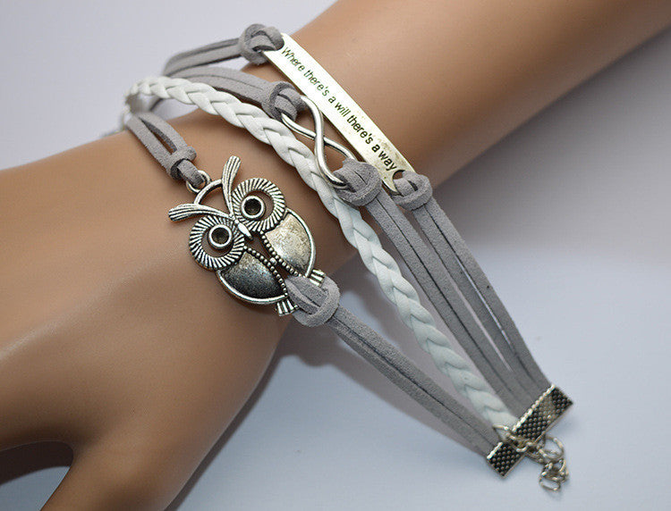 Grey Velvet Rope Weaving Owl Bracelet