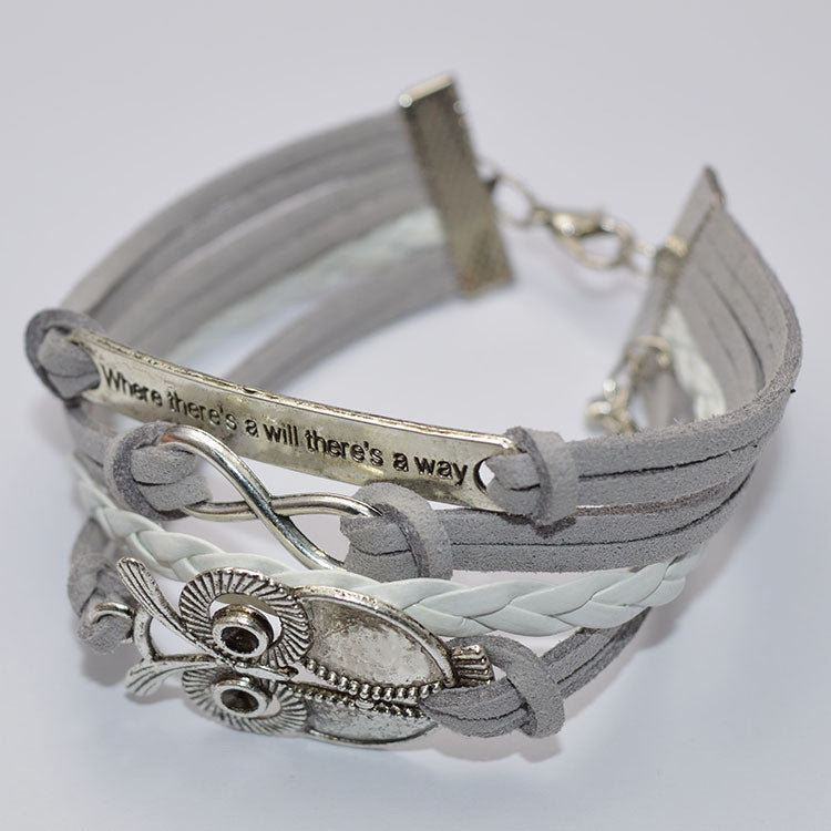 Grey Velvet Rope Weaving Owl Bracelet
