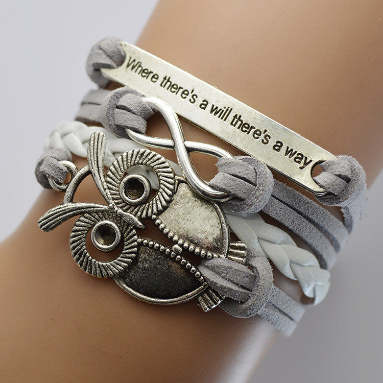 Grey Velvet Rope Weaving Owl Bracelet
