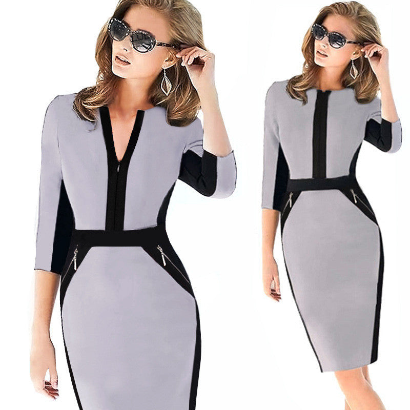 V-neck 3/4 Sleeves Contrast Color Pencil Zipper Slim Knee-length Dress