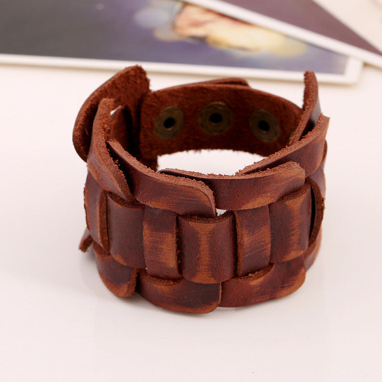 Retro Wide Woven Leather Bracelet
