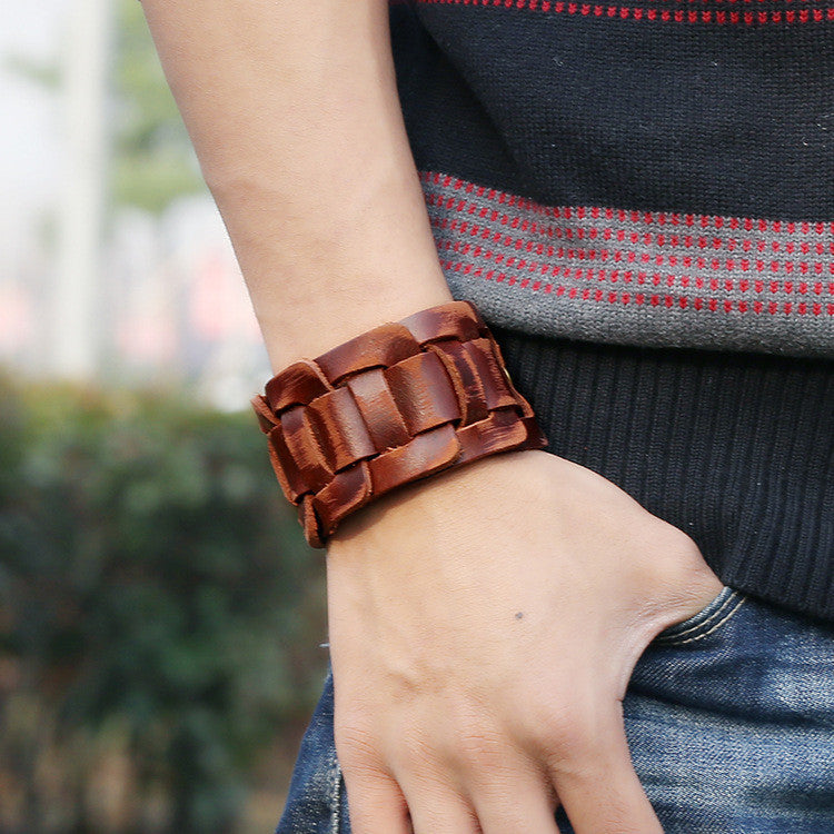 Retro Wide Woven Leather Bracelet
