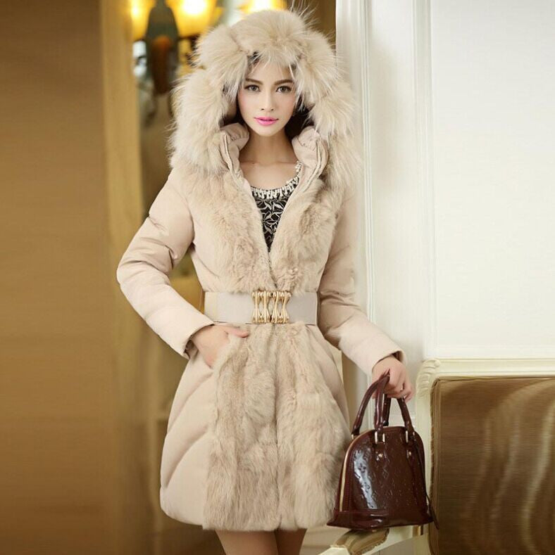 Fashion Hooded Slim Belt Patchwork Mid-length Cotton Coat