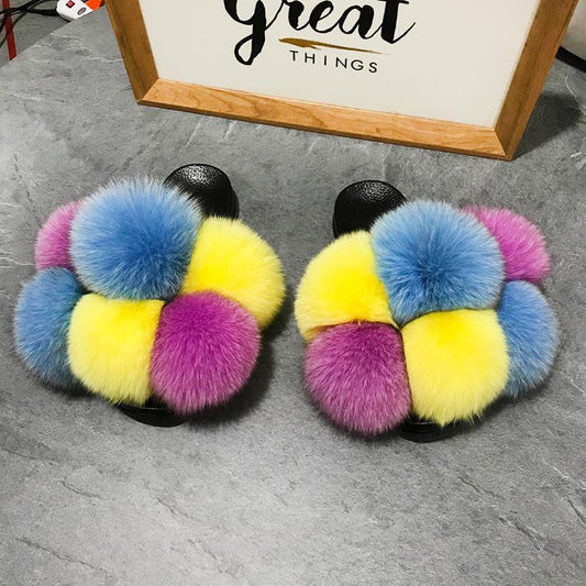 Color Matching Large Fur Real Natural Fox Fur Slides Colorful Fluffy Fur Slides Sandals Slippers Fashion Women Shoes
