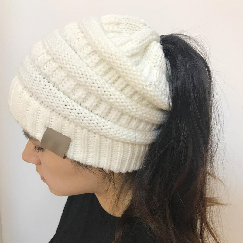 Women's Winter Outdoor Warm Wool Hat Empty Top Horsetail Knitted Hat