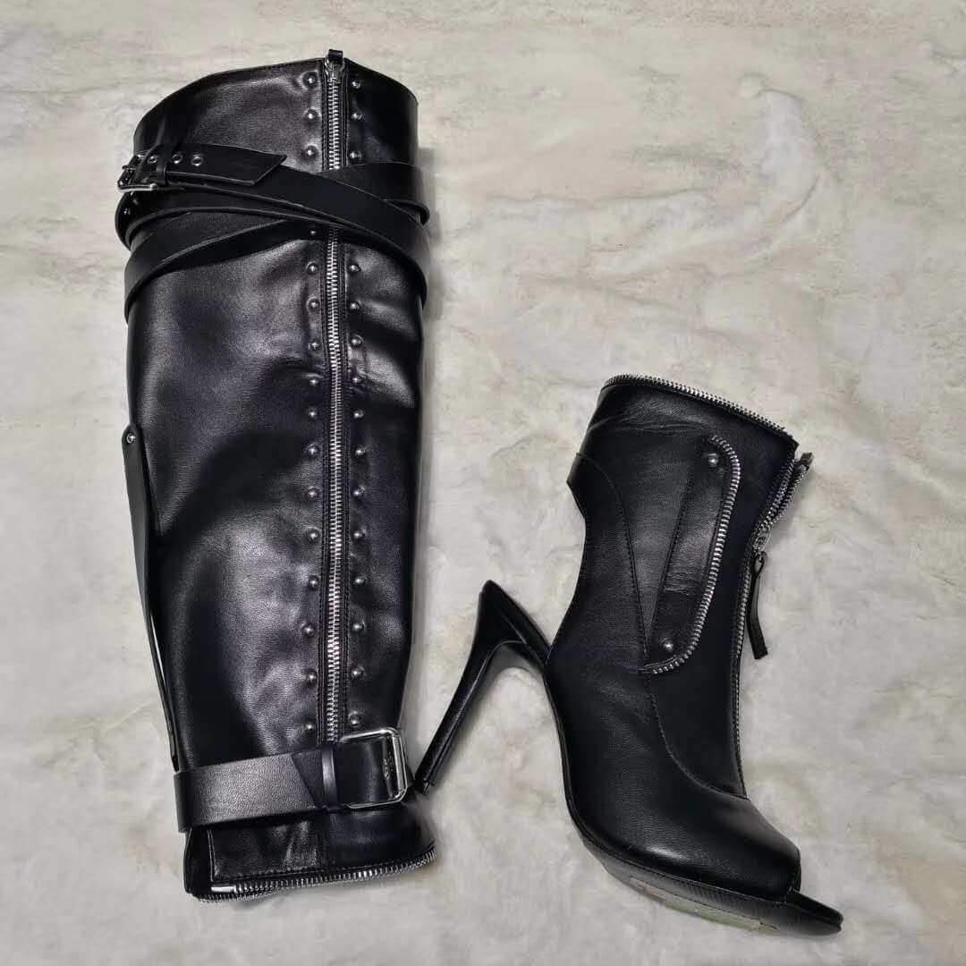  Black Leather Peep Toe Buckle Sandals