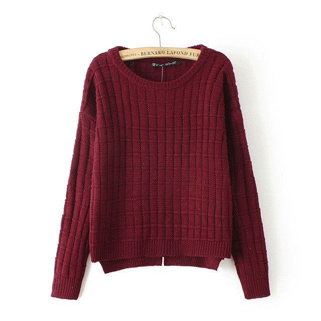 Pullover Scoop Solid Color Irregular Split Knit Sweater 