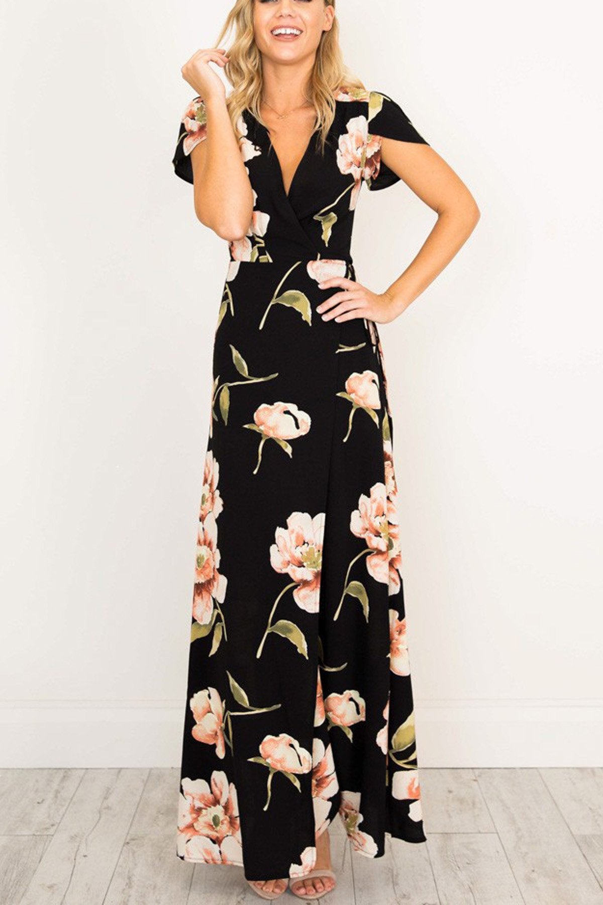 V-neck Flower Print Long Dress