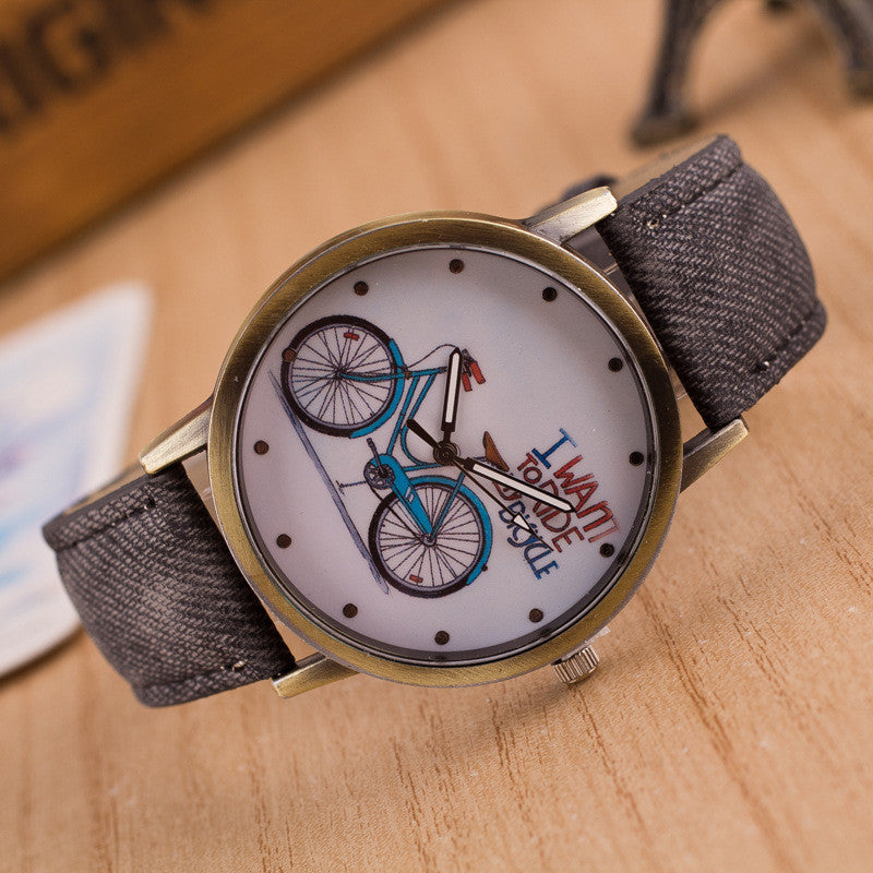 Ride Bike Pattern Denim Strap Watch