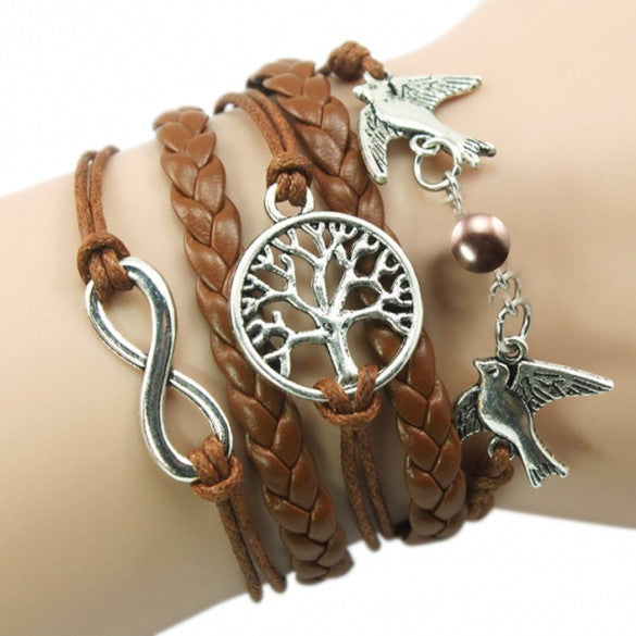 New Unisex Mix Infinity Manual Multi-layer Leather Cord Bracelet Love Bird Bead Bangle
