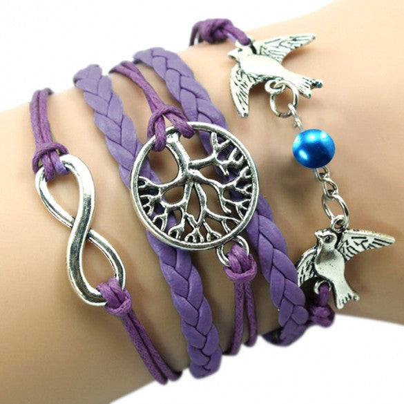New Unisex Mix Infinity Manual Multi-layer Leather Cord Bracelet Love Bird Bead Bangle