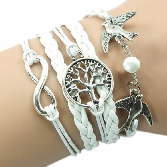 New Unisex Mix Infinity Manual Multi-layer Leather Cord Bracelet Love Bird Bead Bangle