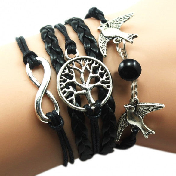 New Unisex Mix Infinity Manual Multi-layer Leather Cord Bracelet Love Bird Bead Bangle