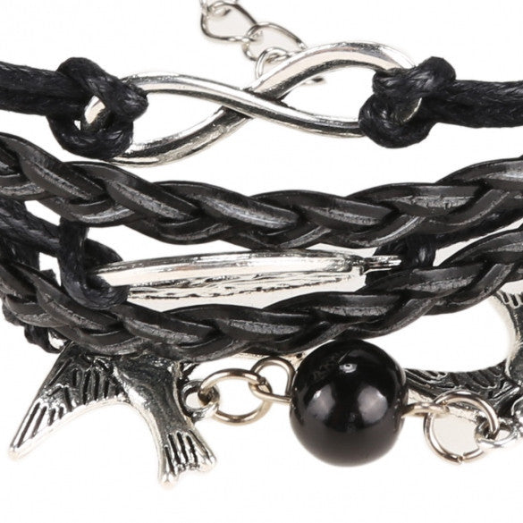 New Unisex Mix Infinity Manual Multi-layer Leather Cord Bracelet Love Bird Bead Bangle