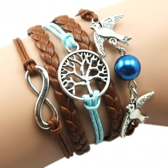 New Unisex Mix Infinity Manual Multi-layer Leather Cord Bracelet Love Bird Bead Bangle