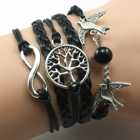 New Unisex Mix Infinity Manual Multi-layer Leather Cord Bracelet Love Bird Bead Bangle
