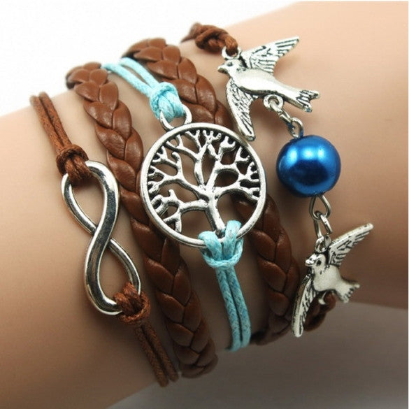 New Unisex Mix Infinity Manual Multi-layer Leather Cord Bracelet Love Bird Bead Bangle