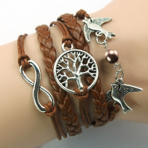 New Unisex Mix Infinity Manual Multi-layer Leather Cord Bracelet Love Bird Bead Bangle