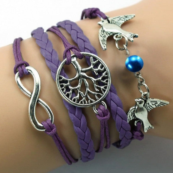 New Unisex Mix Infinity Manual Multi-layer Leather Cord Bracelet Love Bird Bead Bangle