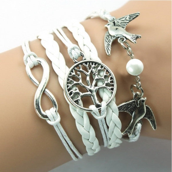 New Unisex Mix Infinity Manual Multi-layer Leather Cord Bracelet Love Bird Bead Bangle