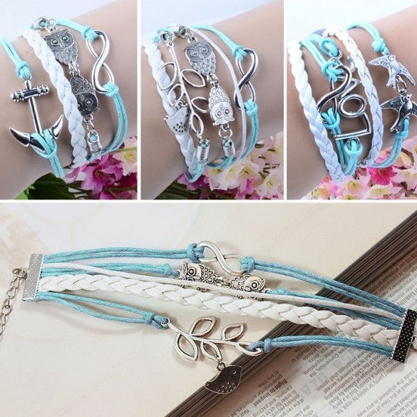 Branch/Leaf Owl Bird Wax Cord Synthetic Leather Braid Wrap Bracelet Bangle CaF8