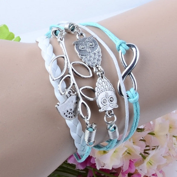 Branch/Leaf Owl Bird Wax Cord Synthetic Leather Braid Wrap Bracelet Bangle CaF8