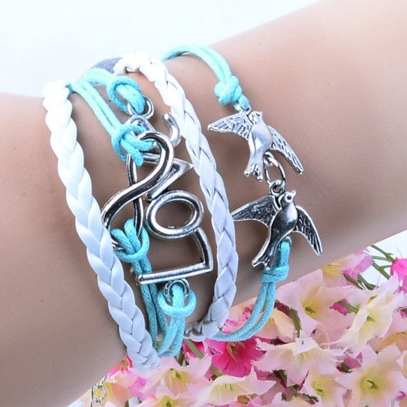 Branch/Leaf Owl Bird Wax Cord Synthetic Leather Braid Wrap Bracelet Bangle CaF8