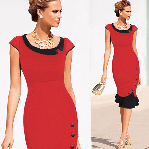 Doll Collar Patchwork Short Sleeves Mermaid Knee-length Evening Dress