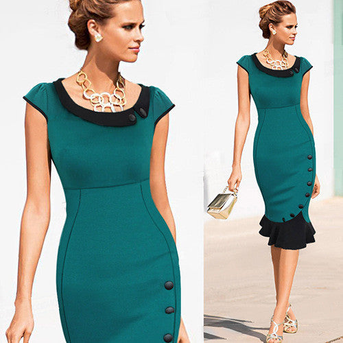 Doll Collar Patchwork Short Sleeves Mermaid Knee-length Evening Dress
