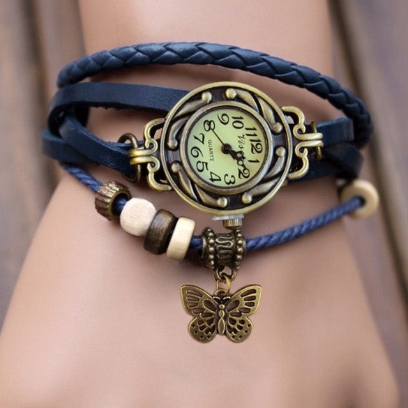 Women Leather Wrist Watch Bracelet Retro Butterfly Pendant Weave Wrap Quartz