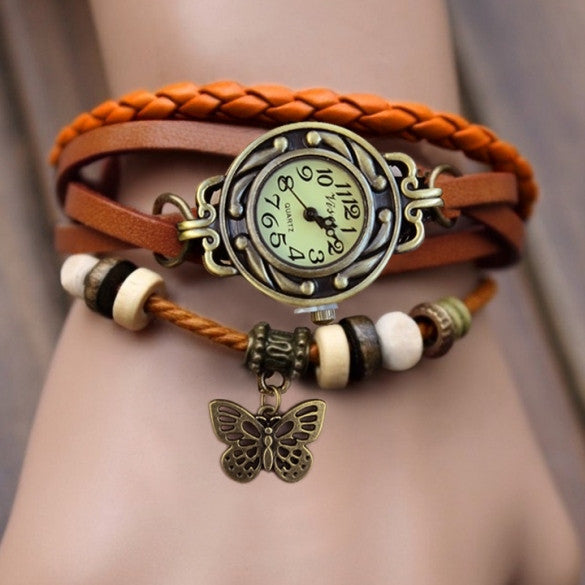 Women Leather Wrist Watch Bracelet Retro Butterfly Pendant Weave Wrap Quartz