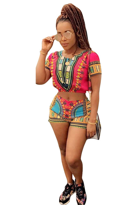 Print Loose Crop Top with Skinny Shorts Two Pieces Set