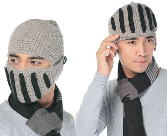 Buttons Unisex Crochet Knit Black Ski Beanie Wool Roman Knight Hat Mask Cap