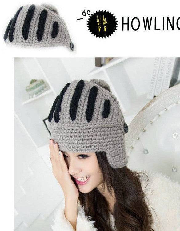 Buttons Unisex Crochet Knit Black Ski Beanie Wool Roman Knight Hat Mask Cap