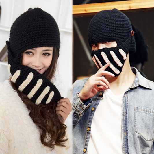 Buttons Unisex Crochet Knit Black Ski Beanie Wool Roman Knight Hat Mask Cap