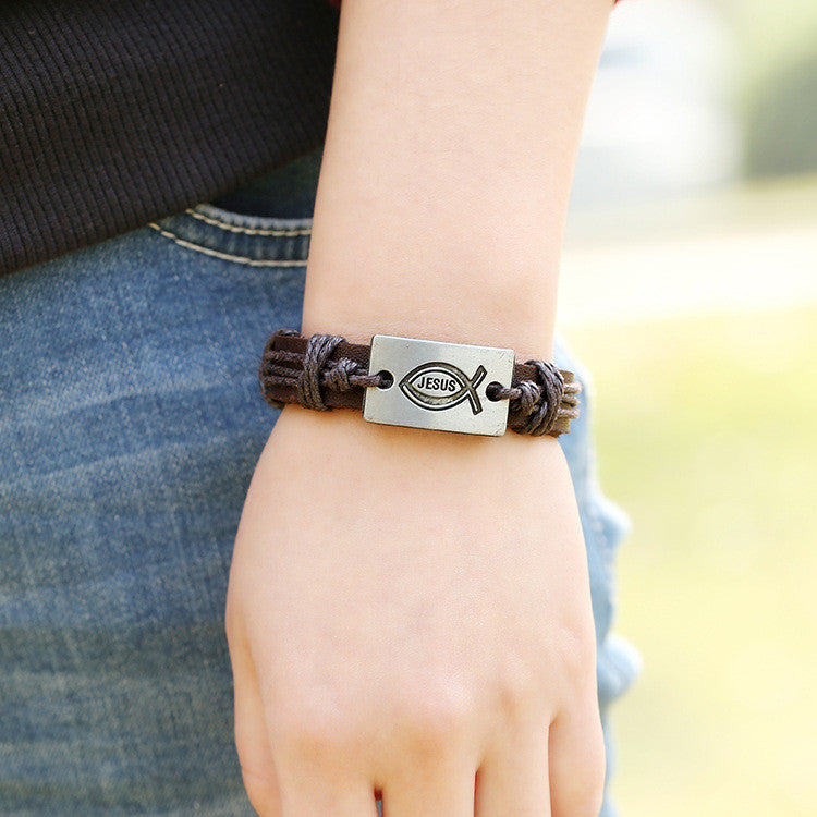 Alloy Jesus Fish Wintage Leather Bracelet