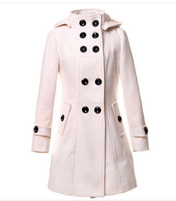 Double Button Hooded Long Sleeves Mid-length Wool Thick Coat