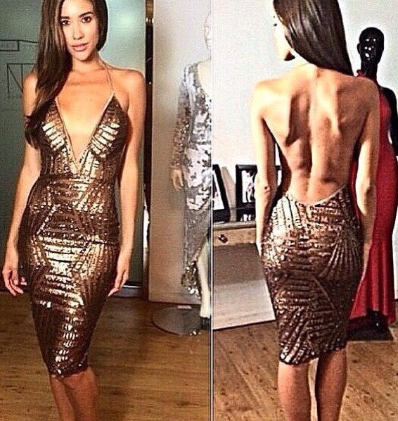 Deep V-neck Sequins Bodycon Backless Short Dress