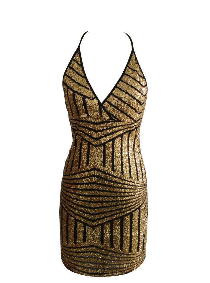 Deep V-neck Sequins Bodycon Backless Short Dress