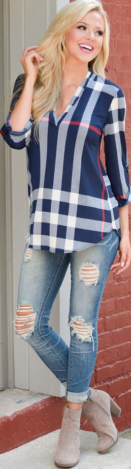 V-neck Plaid Print 3/4 Sleeves Loose Blouse