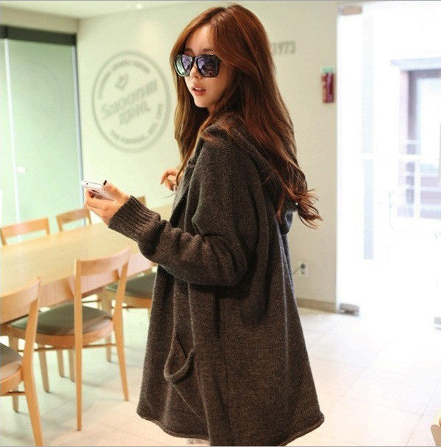 Loose Hooded Cardigan Solid Color Pocket Sweater