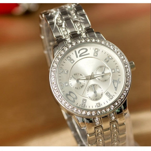 Luxury Gold Crystal Quartz Rhinestone Date Lady Women Wrist Watch