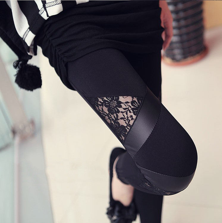 Lace Patchwork Plus Size PU Skinny Leggings
