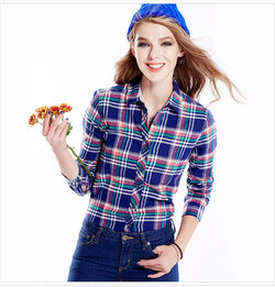 Slim Plaid Long Sleeves Turn-down Collar Shirt Blouse