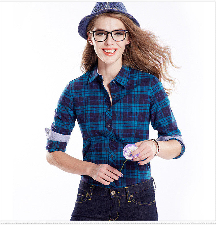 Slim Plaid Long Sleeves Turn-down Collar Shirt Blouse