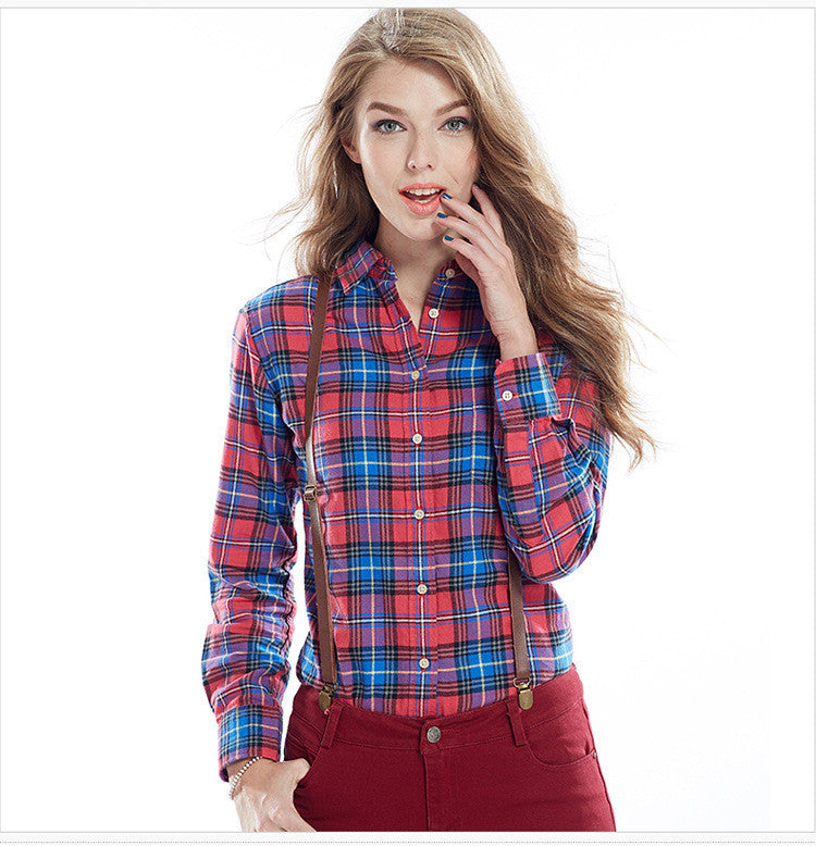 Slim Plaid Long Sleeves Turn-down Collar Shirt Blouse