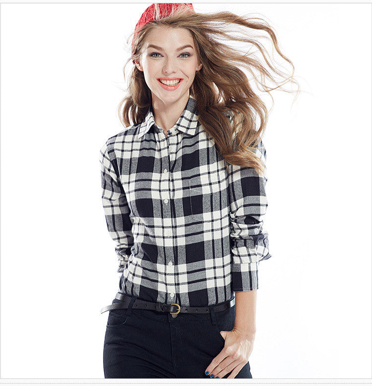 Slim Plaid Long Sleeves Turn-down Collar Shirt Blouse