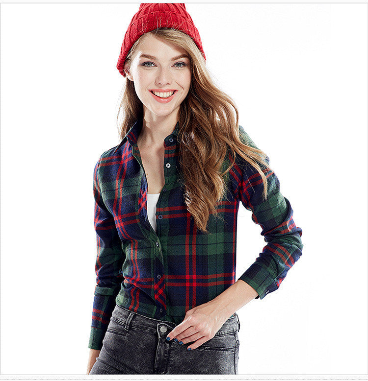 Slim Plaid Long Sleeves Turn-down Collar Shirt Blouse