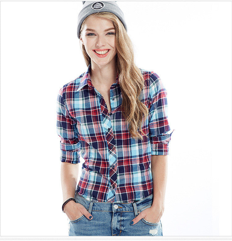 Slim Plaid Long Sleeves Turn-down Collar Shirt Blouse